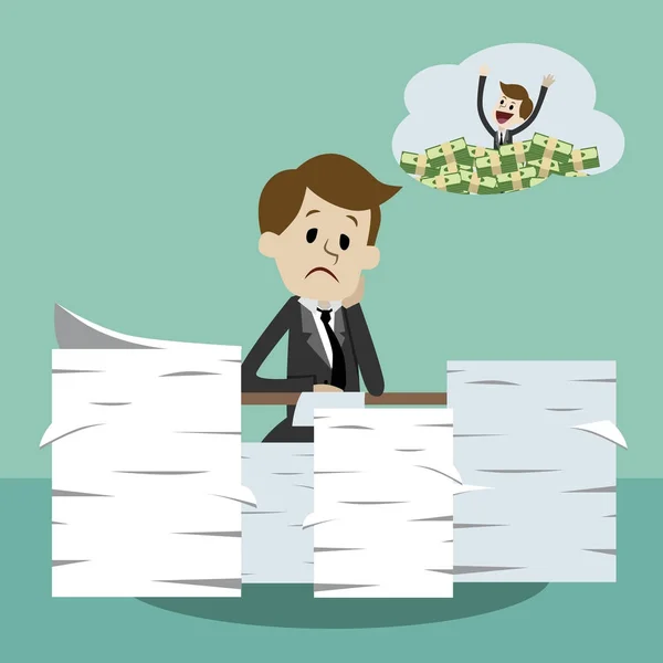 Geschäftsmann, der arbeitet und vom Geld träumt. Büroangestellte im Stress träumt vom Profit. — Stockvektor