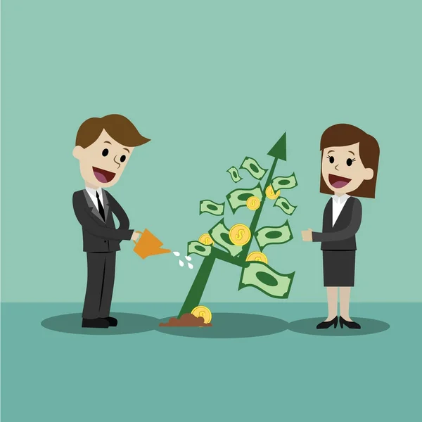 Businessman and businesswoman looking for growth chart and money. Team work. Partnership — Stock Vector