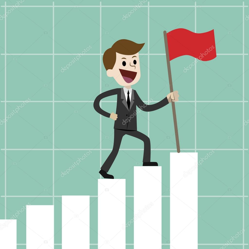 Businessman or manager going up on the growing chart with a flag. Successfull business or trading. Vector illustration