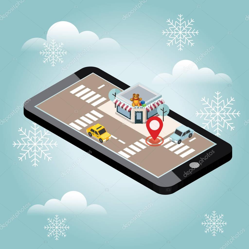 Isometric city. Searching Christmas and New Year childish gifts and toys. Snow winter day. Mobile searching. Geo tracking. Map.Isometric city. Food delivering.