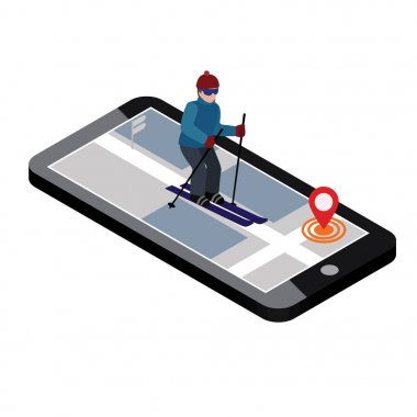 İzometrik adam Kayak. Cross country kayak şehirde aranıyor. Kış spor. Mobil navigasyon. Olimpik oyunlar, rekreasyon yaşam tarzı, etkinlik hız aşırı