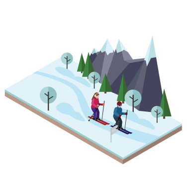 İzometrik erkek ve kadın Kayak. Mutlu çift, Kayak sever. Cross country kayak, kış spor. Olimpik oyunlar, rekreasyon yaşam tarzı, etkinlik hız aşırı