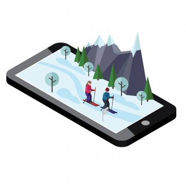 İzometrik erkek ve kadın Kayak. Mobil navigasyon. Mutlu çift, Kayak sever. Videolar ve Fotoğraflar telefon hafızasına keeped. Cross country kayak, kış spor. Olimpik oyunlar, eğlence yaşam tarzı aşırı