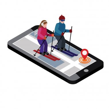 İzometrik erkek ve kadın Kayak. Mutlu çift, Kayak sever. Mutlu çift, Kayak sever. Cross country kayak şehirde aranıyor. Kış spor. Mobil navigasyon. Olimpik oyunlar, eğlence, aşırı