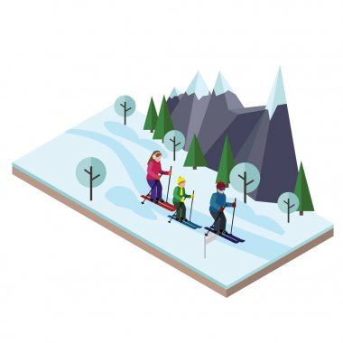Kayak izometrik mutlu bir aile. Cross country kayak, kış spor. Olimpik oyunlar, rekreasyon yaşam tarzı, etkinlik hız aşırı