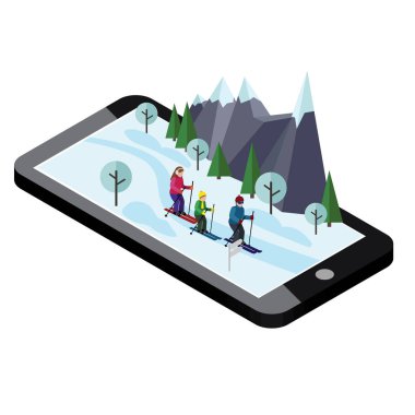 Kayak izometrik mutlu bir aile. Mobil navigasyon. Videolar ve Fotoğraflar telefon hafızasına keeped. Cross country kayak, kış spor. Olimpik oyunlar, rekreasyon yaşam tarzı, etkinlik hız aşırı