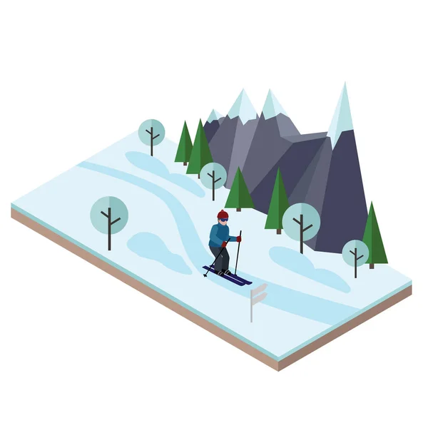 Isometric man skiing. Cross country skiing, winter sport. Olimpic games, recreation lifestyle, activity speed extreme — Stock Vector
