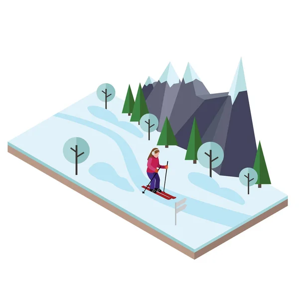 Isometric woman skiing. Cross country skiing, winter sport. Olimpic games, recreation lifestyle, activity speed extreme — Stock Vector