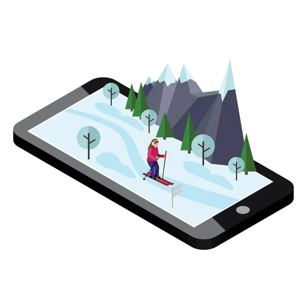 Isometric woman skiing. Mobile navigation. Videos and photos keeped in phone memory. Cross country skiing, winter sport. Olimpic games, recreation lifestyle, activity speed extreme — Stock Vector