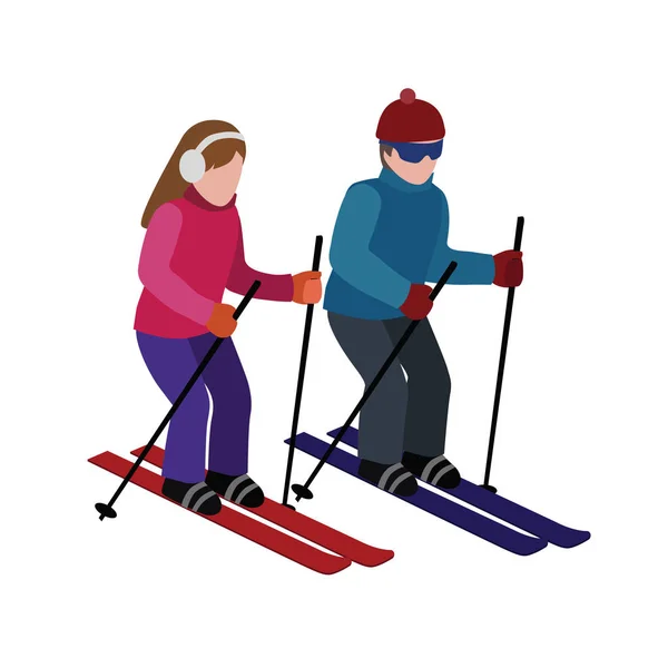 Isometrisch geïsoleerd man en vrouw skiën. Gelukkige paar houdt van skiën. Kruis land Skiën, winter sport. Olimpic spelletjes, recreatie levensstijl, activiteit snelheid extreme — Stockvector