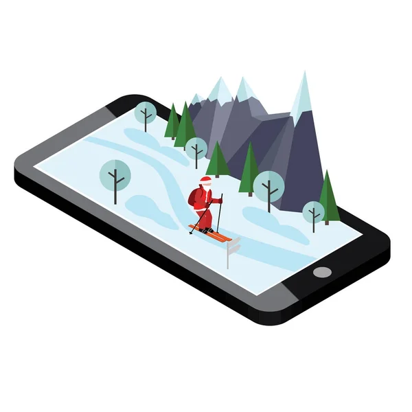 Isometrische Santa Claus skiën. Santa Cross land mobiele navigatie helpt Santa te leveren van cadeaus. Kerstmis en Nieuwjaar komt. Kruis land Skiën, winter sport — Stockvector