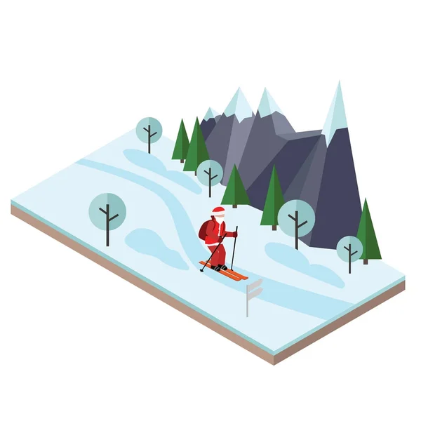 Isometric Santa Claus skiing. Christmas and New Year is coming. Santa pull gifts. Cross country skiing, winter sport. Olimpic games, recreation lifestyle, activity speed extreme — Stock Vector