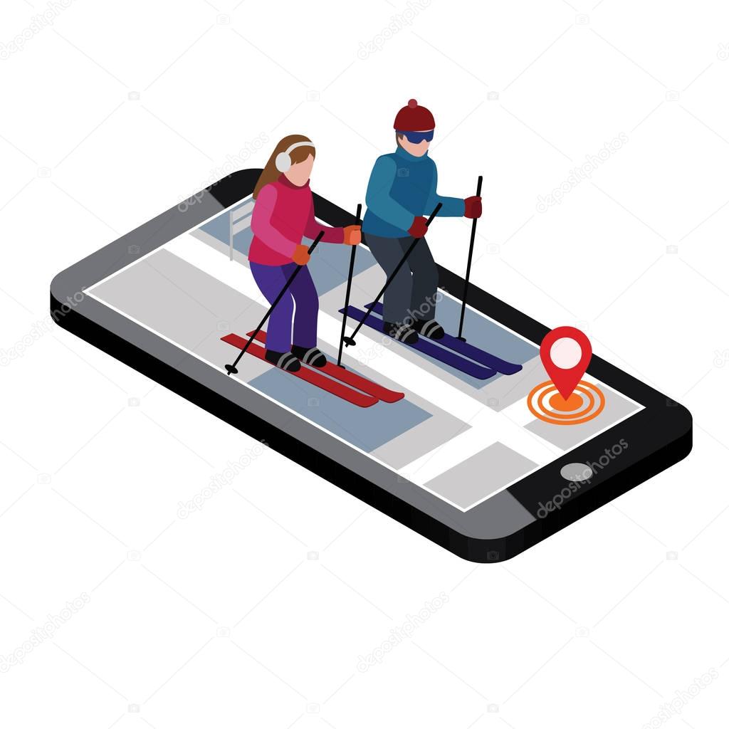 Isometric man and woman skiing. Happy couple loves skiing. Happy couple loves skiing. Searching for cross country skiing in city. Winter sport. Mobile navigation. Olimpic games, recreation, extreme