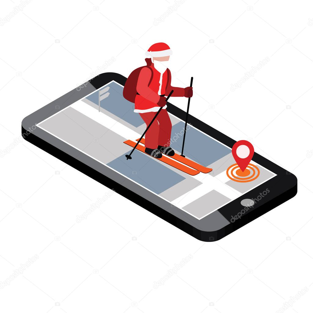 Isometric Santa Claus skiing. Santa City mobile navigation helps Santa to deliver gifts. Christmas and New Year is coming. Cross country skiing, winter sport