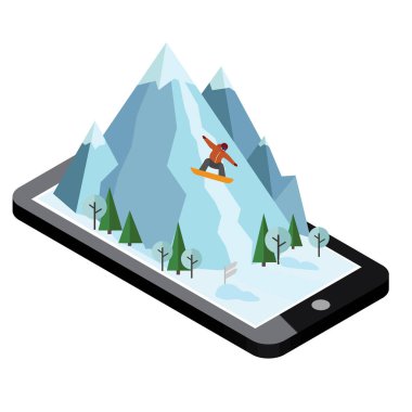 İzometrik vektör adam dağdan çeker. Mobil navigasyon. Videolar ve Fotoğraflar telefon hafızasına keeped. Snowboard, kış sporu. Olimpik oyunlar, rekreasyon yaşam tarzı, etkinlik hız aşırı