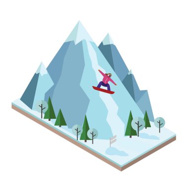 İzometrik vektör dağdan çeker. Snowboard, kış sporu. Olimpik oyunlar, rekreasyon yaşam tarzı, etkinlik hız aşırı