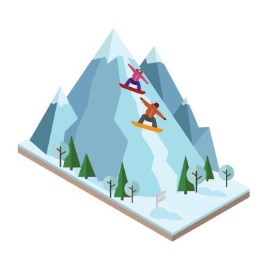 İzometrik vektör erkek ve kadın dağdan çek. Snowboard, kış sporu. Olimpik oyunlar, rekreasyon yaşam tarzı, etkinlik hız aşırı