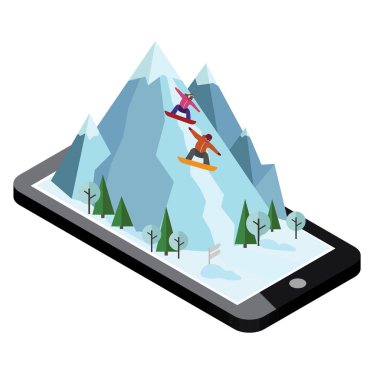 İzometrik vektör erkek ve kadın dağdan çek. Mobil navigasyon. Videolar ve Fotoğraflar telefon hafızasına keeped. Snowboard, kış sporu. Olimpik oyunlar, etkinlik hız aşırı