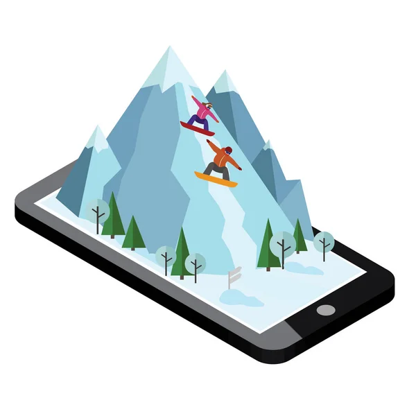 Isometric vector man and woman pull off the mountain. Mobile navigation. Videos and photos keeped in phone memory. Snowboarding, winter sport. Olimpic games, activity speed extreme