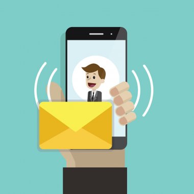 Gelen ileti veya e-posta. İnsan eli holding cep telefonu. Smartphone ile sms perde adam ile. Modern düz tasarım grafik öğeleri ve nesneleri iş için. Vektör çizim