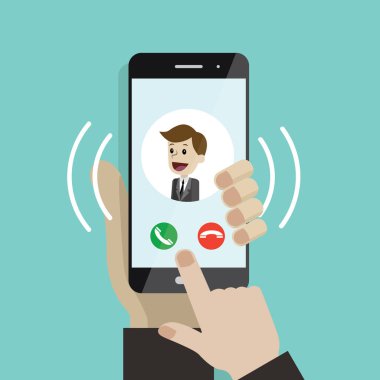 Gelen arama. İnsan eli holding cep telefonu. Adamla arama ekranlı akıllı telefon. Cevap konsepti için hazır. Modern düz tasarım grafik öğeleri ve nesneleri iş için. Vektör çizim