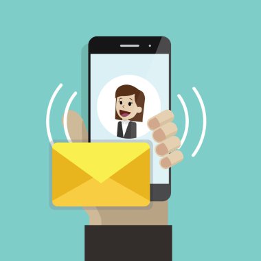 Gelen ileti veya e-posta. İnsan eli holding cep telefonu. Kadınlarla sms ekranlı akıllı telefon. Modern düz tasarım grafik öğeleri ve nesneleri iş için. Vektör çizim