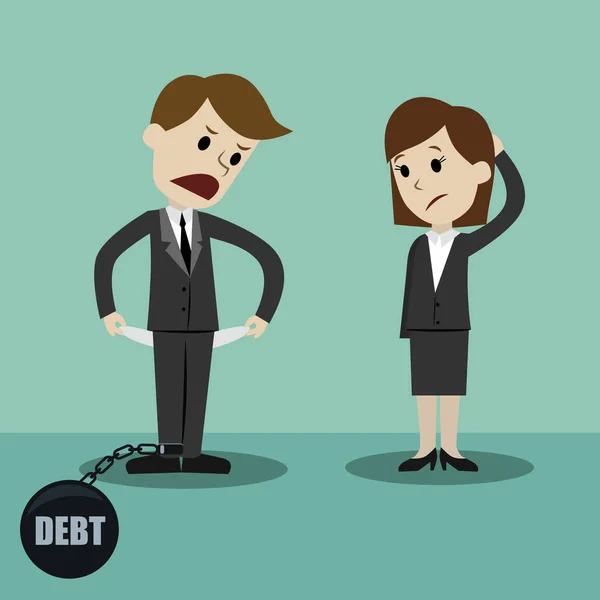 Businessman and businesswoman standing and showing his empty pocket, turning his pocket inside out, no money. Bankruptcy because of debt. Vector illustration — Stock Vector