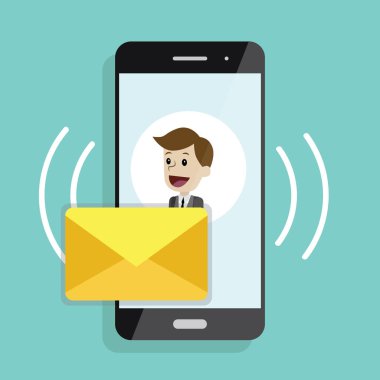 Gelen ileti veya e-posta. Smartphone ile sms perde adam ile. Modern düz tasarım grafik öğeleri ve nesneleri iş için. Vektör çizim