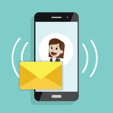 Gelen ileti veya e-posta. Kadınlarla sms ekranlı akıllı telefon. Modern düz tasarım grafik öğeleri ve nesneleri iş için. Vektör çizim