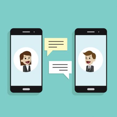 Mobil Sohbet veya insanların cep telefonları üzerinden konuşma kavramı. İş sohbet. Telefon sohbetleri, Küreselleşme, bağlantı veya sosyal medya konuları göstermek.