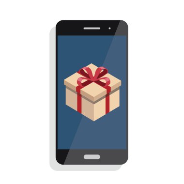 Hediye kutusu üstünde belgili tanımlık perde ile Smartphone tutan el. Parmak düğmeye basamaz. Vektör düz çizim.