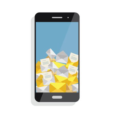 Bir sürü smartphone içinde gelen bir e-posta. Spam, posta gönderme, e-ticaret