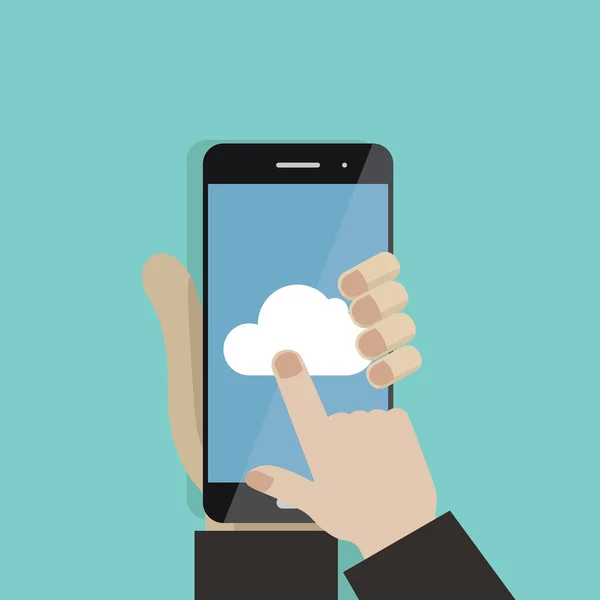 Hand hält Smartphone, Finger berühren Bildschirm. Cloud-Speicher. Cloud-Symbol auf Smartphone-Bildschirm — Stockvektor