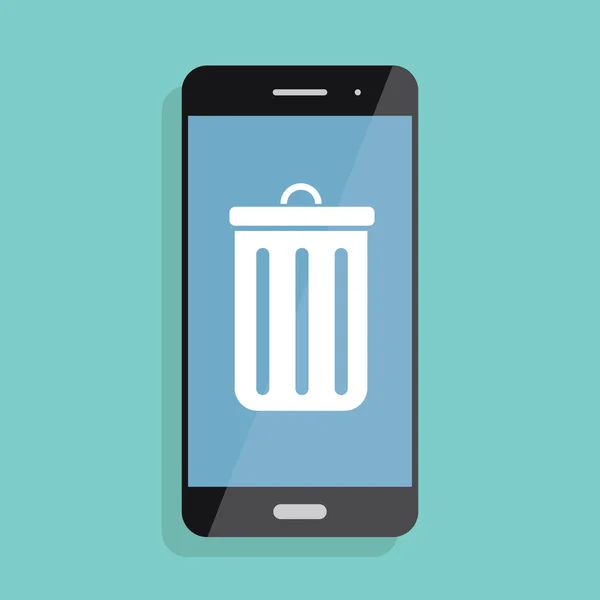 Illustrazione e icona di smartphone e spazzatura mobile. Cancellazione di informazioni dal telefono — Vettoriale Stock