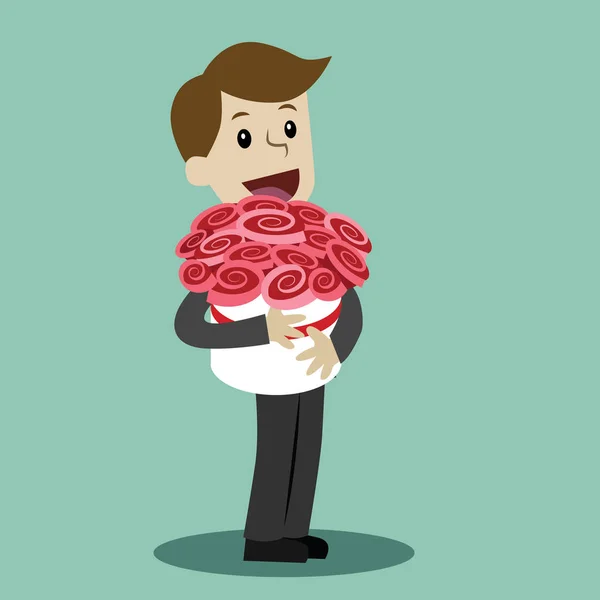 Hombre con un ramo de flores. Feliz día de San Valentín. Feliz 8 de marzo Día Internacional de la Mujer. Regalo de cumpleaños. Elemento para tarjeta de felicitación — Vector de stock