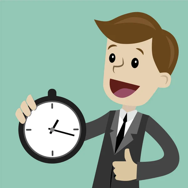 Businessman or manager hold clock and takes control on his time — Stock Vector