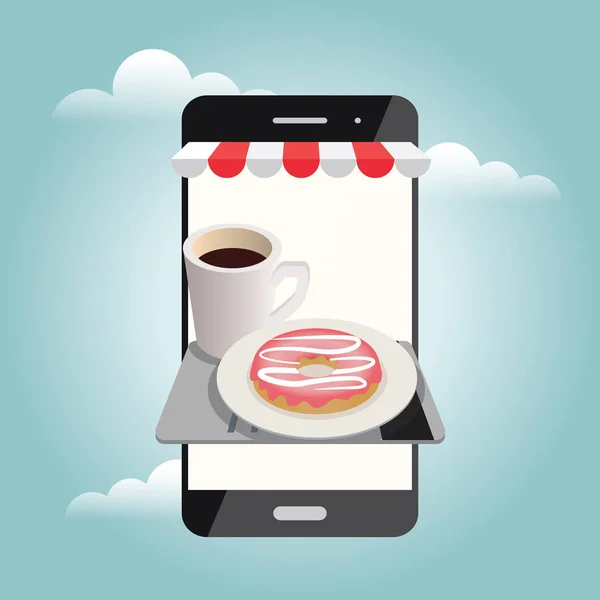 Em frente à loja online. Entrega de comida. Busca móvel. Café e donut. Pagamentos online por cartão de crédito — Vetor de Stock
