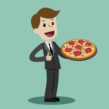 Mutlu işadamı veya Yöneticisi planı ile pizza yemek. Italianfood. Öğle yemeği ya da abur cubur kavramı. Vektör çizim