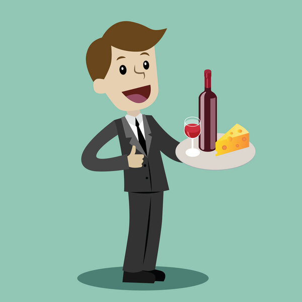 Businessman with a bottle of red wine, a wine glass and cheese. Celebration of a good deal or good work day. Vector illustration