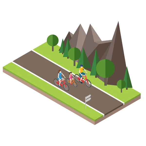 Une campagne isométrique. Route d'été. Vélo en famille sur la campagne été route ensoleillée ou autoroute. Mère, père et fille . — Image vectorielle