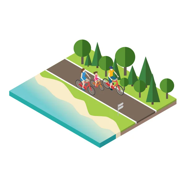 Семейный велоспорт по сельской местности летом солнечная дорога или шоссе. Мать, отец и сын — стоковый вектор