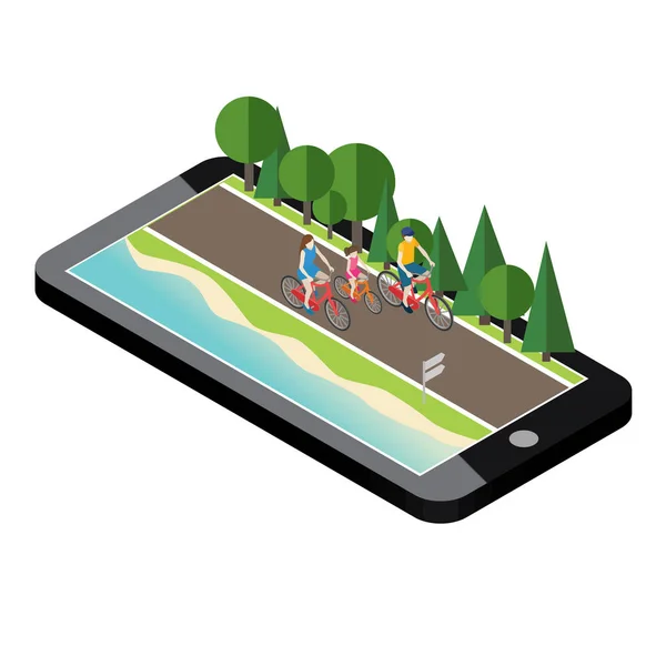 Familie auf Fahrrädern auf der Straße in der Nähe von Strand und Wald. mobiles Geo-Tracking. Mutter, Vater und Sohn — Stockvektor