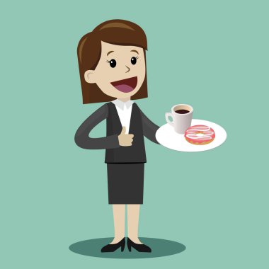 Donat ile kahve molası sırasında - vektör çizim içmek işkadını