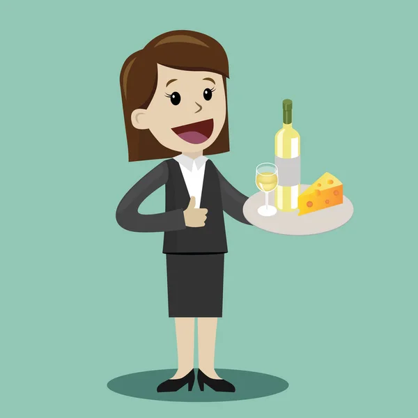 Geschäftsfrau mit einer Flasche Weißwein, einem Weinglas und Käse. Feier eines guten Geschäfts oder eines guten Arbeitstages. — Stockvektor