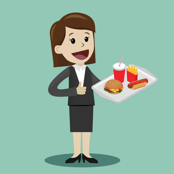 Empresária feliz ou gerente planeja almoçar com fast food. Conceito de almoço ou comida de plástico. Ilustração vetorial — Vetor de Stock