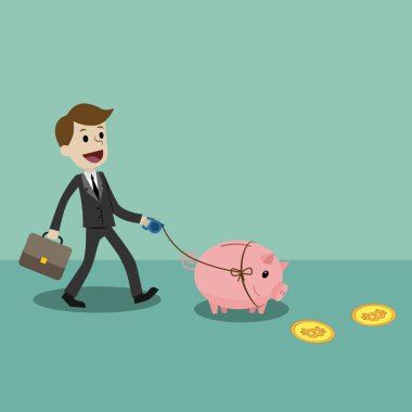 Kripto-döviz piyasasında. Finans ve ilişkiler kavramı. İşadamı bir domuz banka ile walkin ve Bitcoins için arıyorsunuz.