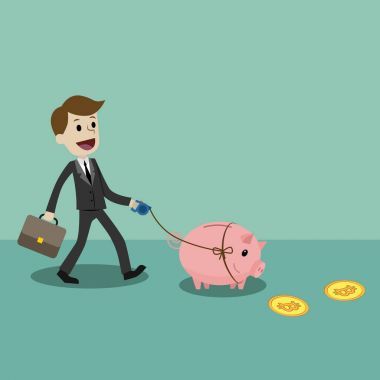 Crypto-currency market. Finance and relationships concept. Businessman is walkin with a pig bank and looking for Bitcoins. clipart