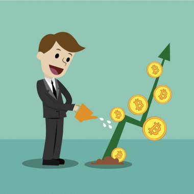 Kripto-döviz piyasasında. İşadamı Bitcoins büyüme grafik için arıyorsunuz.