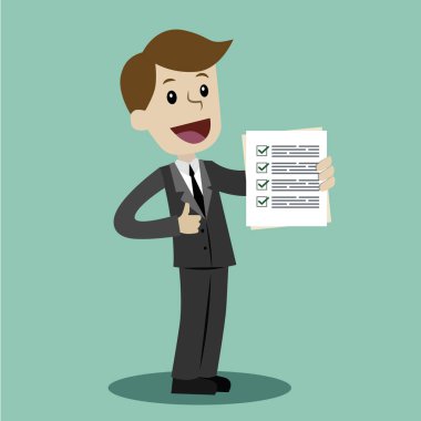 İşadamı onay listesi kağıt tutuyor. Çizgi film vektör çizim