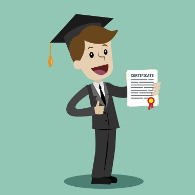 Takım elbiseli bir adam tutun derece sertifika kolej veya iş okulu veya üniversite diploması.